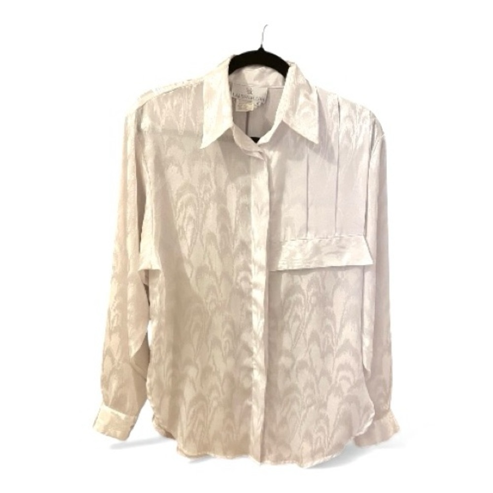 Lauren&Leah Crisp Bright White Long Sleeve Patterned Blouse, Size S, Pleated.